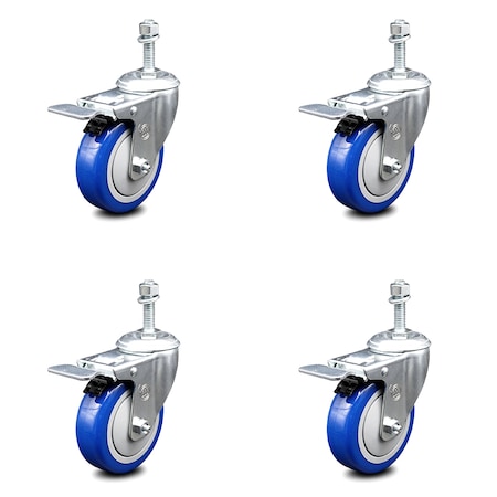 Service Caster 4 Inch Blue Polyurethane Swivel 10mm Stem Caster Set with Total Lock Brake SCC-TSTTL20S414-PPUB-BLUE-M1015-4